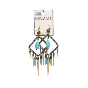 Miss 21 Faux Turquoise Dangle Gold Tone Drop Triangle Earrings - New On Card